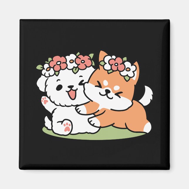Spielende Hunde mit Blume Kronen - Fun Spring Them Magnet (Vorne)