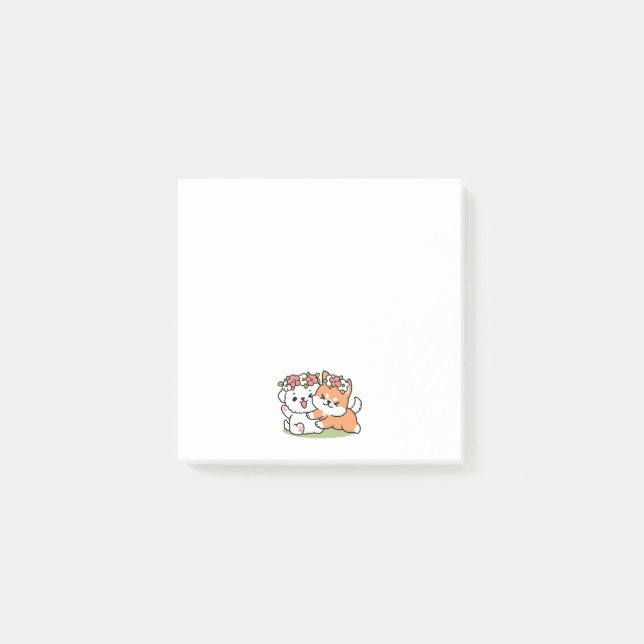 Spielende Hunde mit Blume Kronen - Fun Spring Them Post-it Klebezettel (Vorderseite)