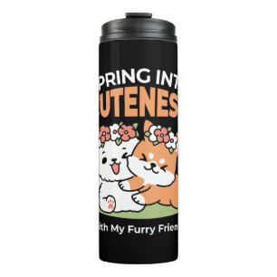 Spielende Hunde mit Blume Kronen - Fun Spring Them Thermosbecher