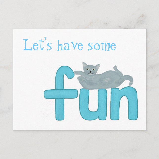 Spielende Katze auf dem Wort Spaß, Postkarten (Vorderseite)