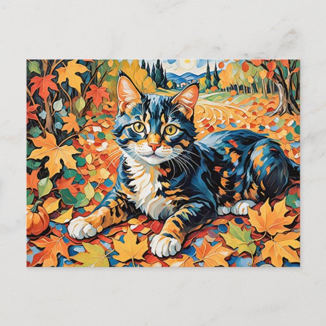 Spielende Katze im Herbst Postkarte (Vorderseite)