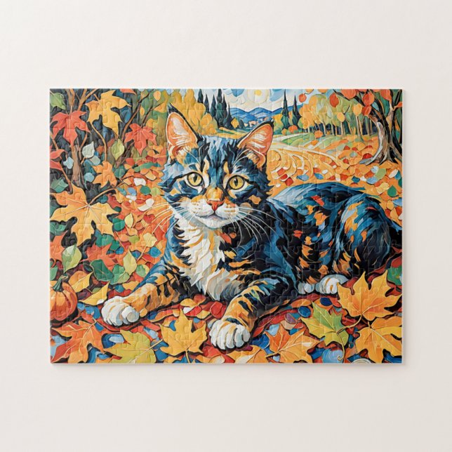 Spielende Katze im Herbst Puzzle (Horizontal)