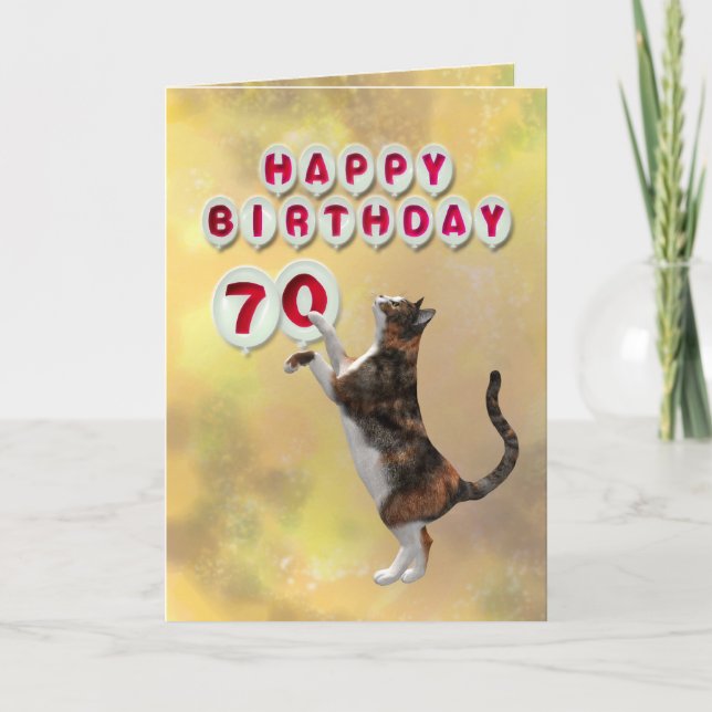 Spielende Katze und 70. Happy Birthday Ballons Karte (Vorderseite)