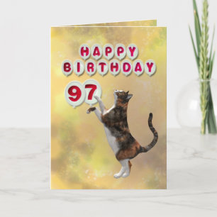 Spielende Katze und 97. Happy Birthday Ballons Karte