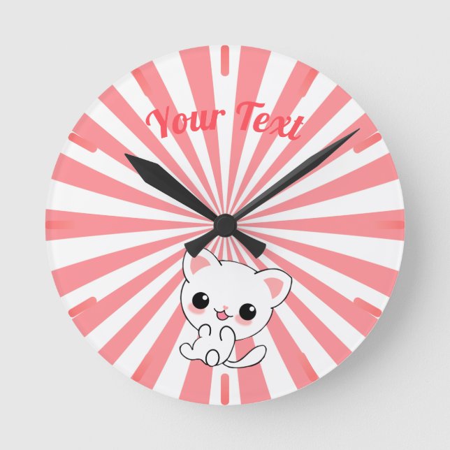 Spielende Kawaii White Kitte Custom Runde Wanduhr (Vorderseite)