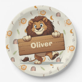 Spielende Löwe mit hölzernem Namensschild Pappteller