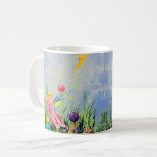 Spielende Rosa Fee in gelbem Mondschein Wasserfarb Kaffeetasse