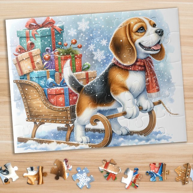 Spielender Beagle Dog Christmas Sleigh Puppy Puzzle (Von Creator hochgeladen)