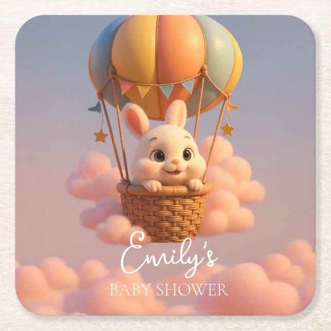 Spielender Bunny Hot Air Ballon mit rosa Wolken Rechteckiger Pappuntersetzer (Vorderseite)