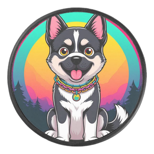 Spielender Cartoon Dog Eishockey Puck (Vorderseite)