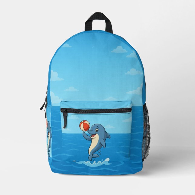 Spielender Cartoon Dolphin mit Beach Ball Bedruckter Rucksack (Vorderseite)