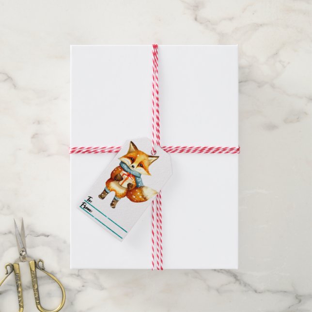 Spielender Fuchs Weihnachtsgeschenk-Tag Geschenkanhänger (Mit Garn)