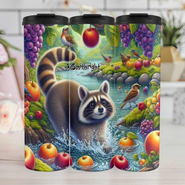 Spielender Raccoon im Fruchtfluss Thermosbecher (Von Creator hochgeladen)