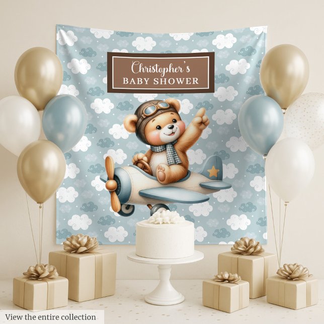 Spielender Teddybär Pilot Baby Dusche Foto Stütze Wandteppich (Playful teddy bear pilot baby shower photo prop Tapestry)