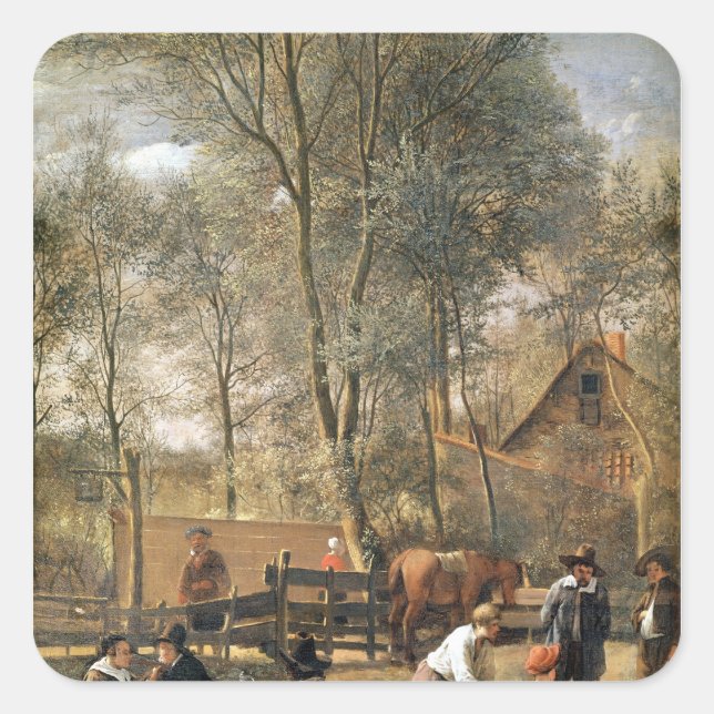 Spieler außerhalb eines Gasthauses, c.1660-63 Quadratischer Aufkleber (Vorderseite)