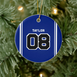 Spieler Jersey Nummer Name Blue & White Christmas Keramik Ornament