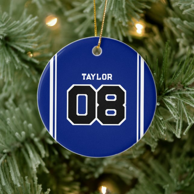 Spieler Jersey Nummer Name Blue & White Christmas Keramik Ornament (Baum)