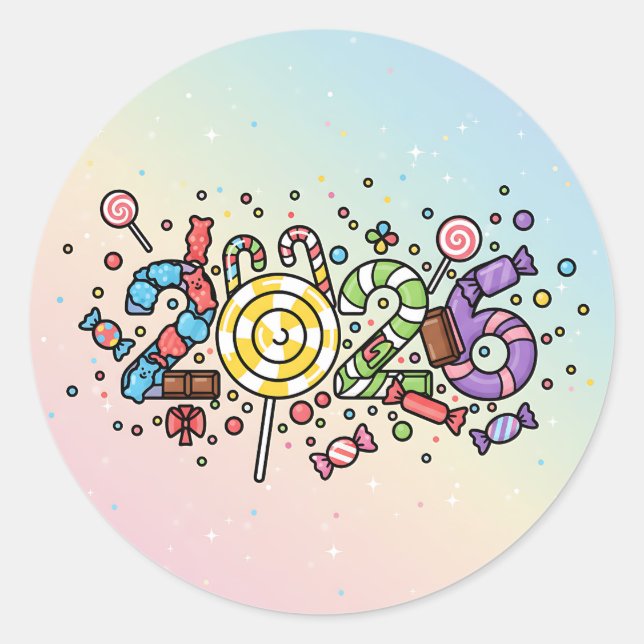 Spielerisch 2026 Zahlen aus bunten Leckereien mit  Runder Aufkleber (Vorderseite)