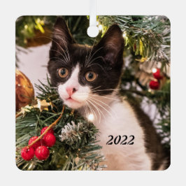 Spielerisch Schwarze und Weiße Katze im Weihnachts Ornament Aus Metall