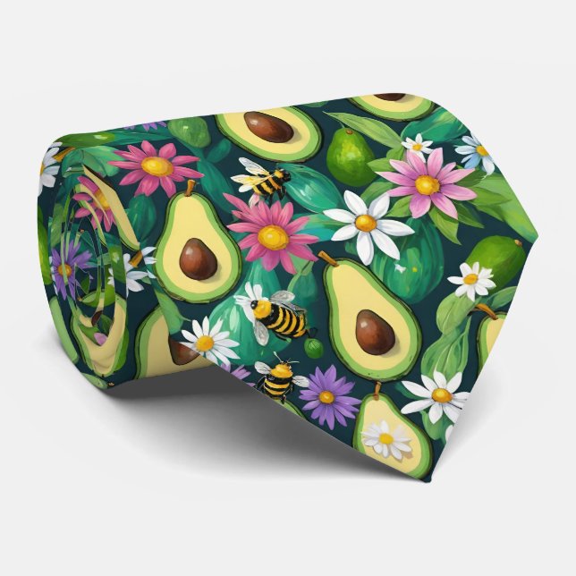 Spielerische Avocados mit Bienen und Blume Krawatte (Gerollt)