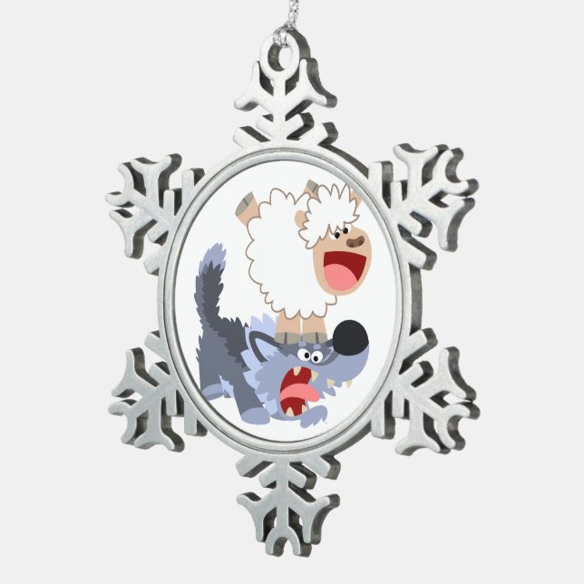 Spielerische Cartoon-Schaf- und Wolf-Zinnschmuck Schneeflocken Zinn-Ornament (Rechts)