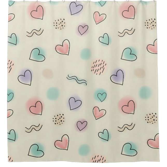 Spielerische Doodles von Herz, Punkten und gewellt Duschvorhang (Vorderseite)