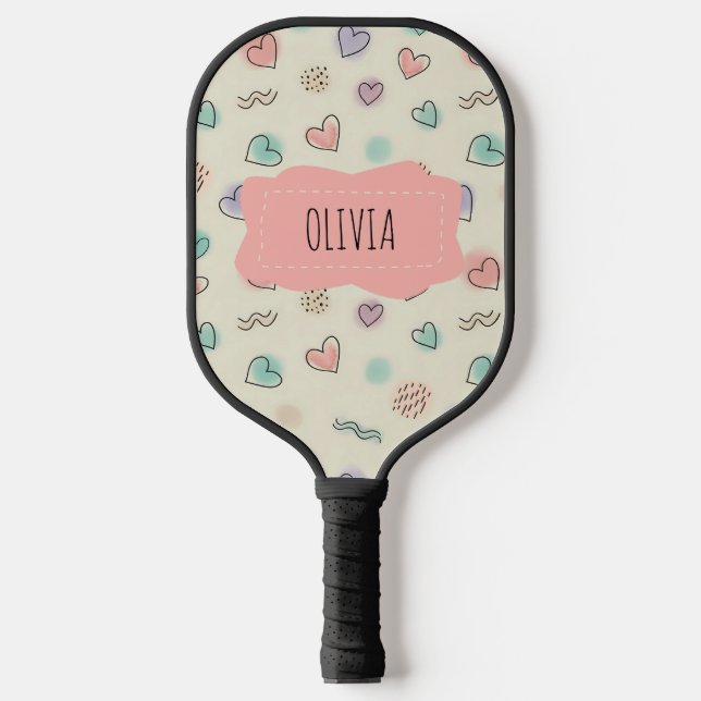 Spielerische Doodles von Herz, Punkten und gewellt Pickleball Schläger (Vorderseite)