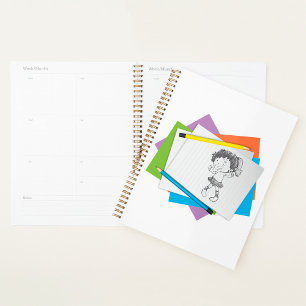 Spielerische Girl Sketch Zeichnend mit farbenfrohe Planer