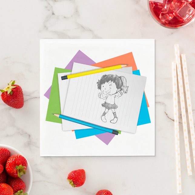 Spielerische Girl Sketch Zeichnend mit farbenfrohe Serviette (Von Creator hochgeladen)