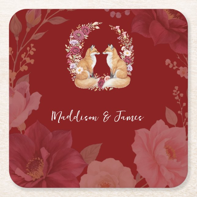 Spielerische Herbstfoxhochzeit Rechteckiger Pappuntersetzer (Vorderseite)