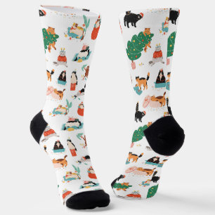 Spielerische Katzen und Weihnachtsbaummuster Socken