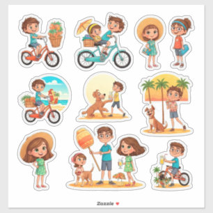 Spielerische Sommer-Momente: Kinder, Fahrräder, Hu Aufkleber