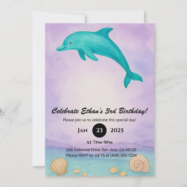 Spielerischer blauer Delfin und Meeresmuschel-Ozea Einladung (Vorderseite)