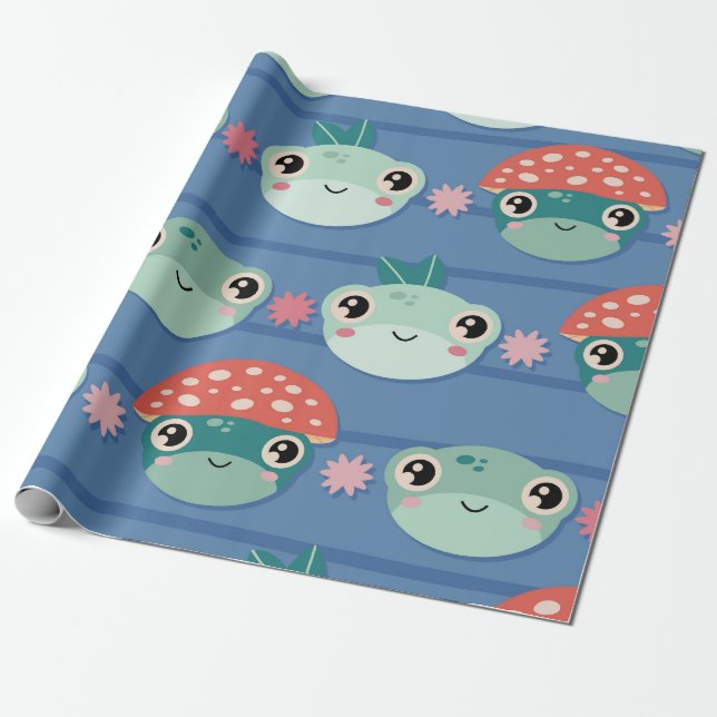 Spielerischer Frosch und Pilzmuster Geschenkpapier (Ungerollt)