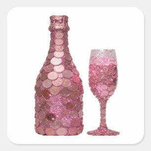 Spielerischer Silber-PINK COIN FLASCHE UND GLAS Au Quadratischer Aufkleber