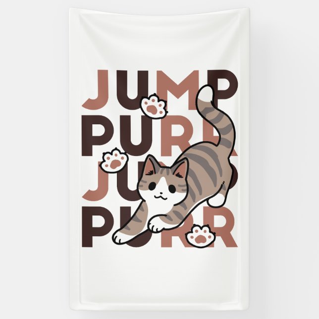 Spielerisches Cat Jump Design - Jump Purr Pun Artw Banner (Vertikal)