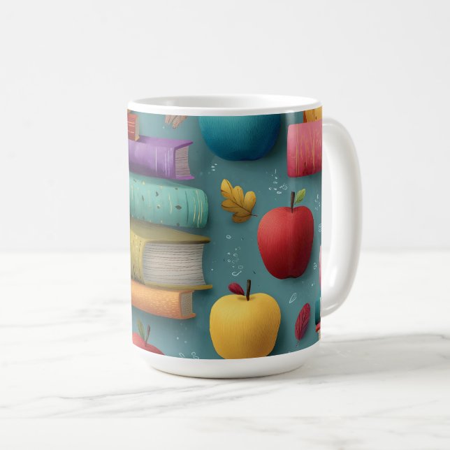Spielerisches Design mit Büchern und Apple Kaffeetasse (VorderseiteRechts)