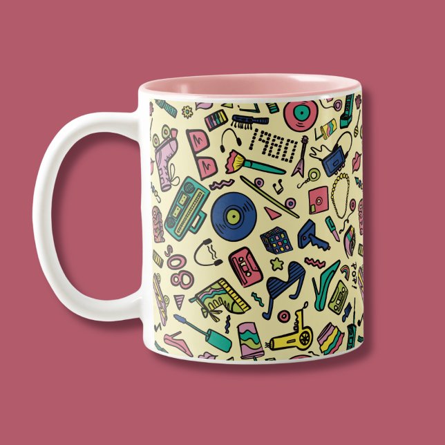 Spielerisches Doodle Art Pattern der 1980er Jahre Zweifarbige Tasse (Von Creator hochgeladen)