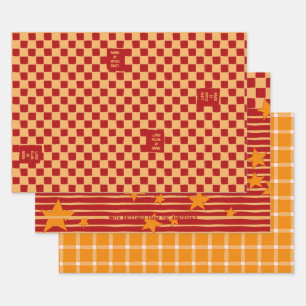 Spielerisches Ockerrot & Vintage-Sterne & Schachbr Geschenkpapier Set