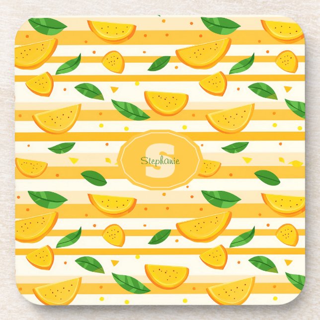 Spielerisches Orange Slice Muster mit grünen Blätt Getränkeuntersetzer (Vorderseite)