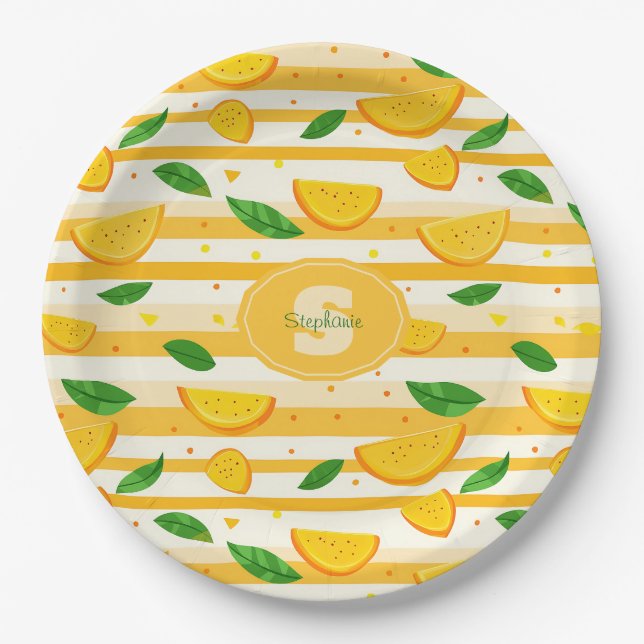 Spielerisches Orange Slice Muster mit grünen Blätt Pappteller (Vorderseite)