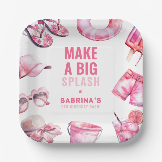 Spielerisches Pink Pool Party Sommermädchen Geburt Pappteller (Vorderseite)
