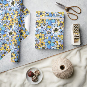 Spielerisches Retro-Blumenmuster, Sanftes Blau und Geschenkpapier