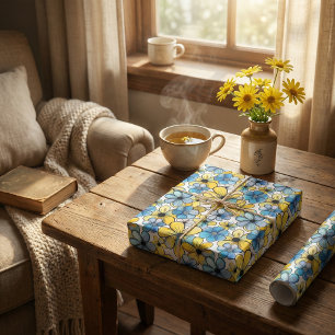 Spielerisches Retro-Blumenmuster, Sanftes Blau und Geschenkpapier