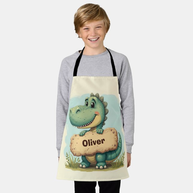 Spielerisches T-Rex mit Stone Name Sign Schürze (Getragen)