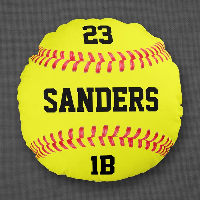 Spielername, Nummer und Position Fastfeld-Software Rundes Kissen (Round softball pillow with custom softball player name, player number and position.)