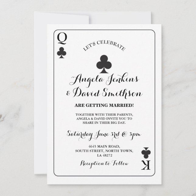 Spielkarte-As-Schwarzes Hochzeits-König-Queen Einladung (Vorderseite)