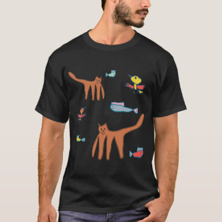 Spielkatze und Fischmuster T-Shirt