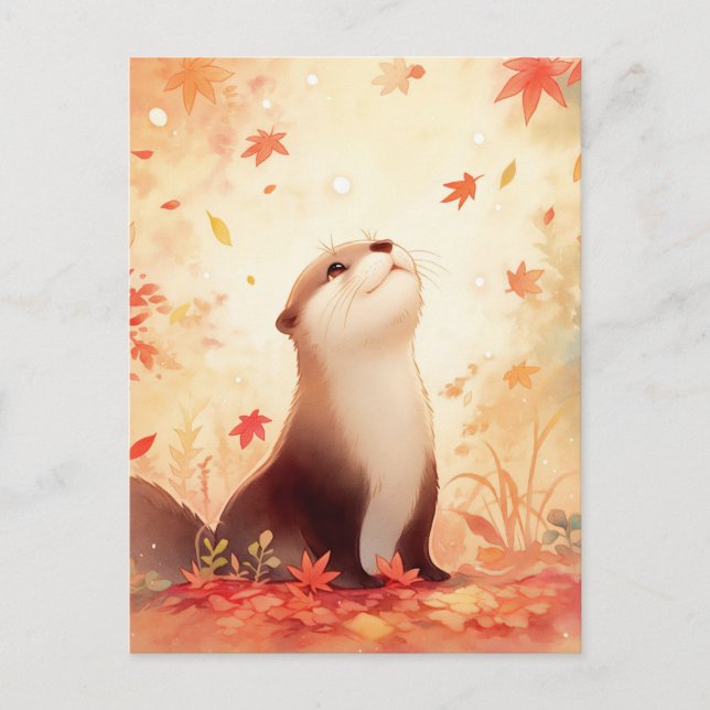 Spielotter im Herbstlaub Postkarte (Vorderseite)