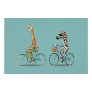 Spielposter mit Giraffe und Zebra beim Radfahren Poster